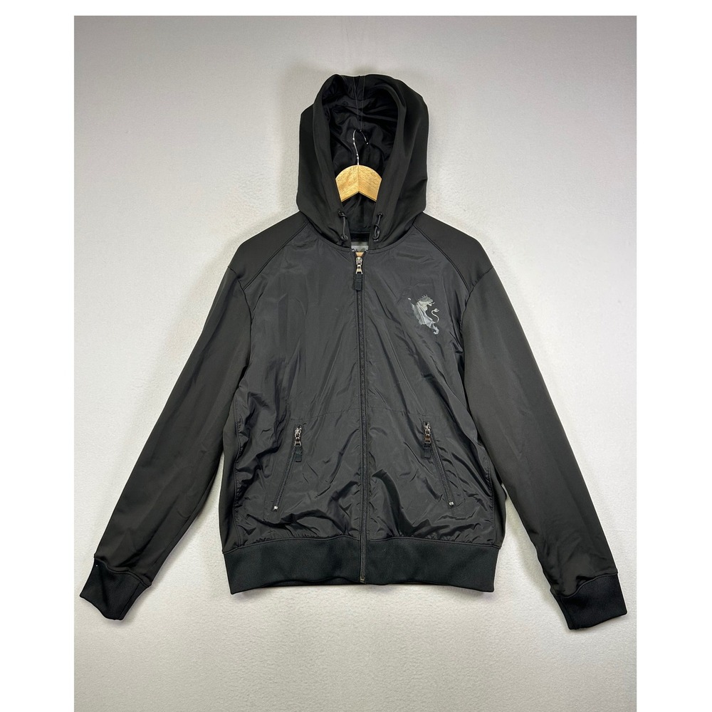 Techwear Express Mens‎ Large Black Mixed Media Full Zip Hooded Jacket Lion Logo